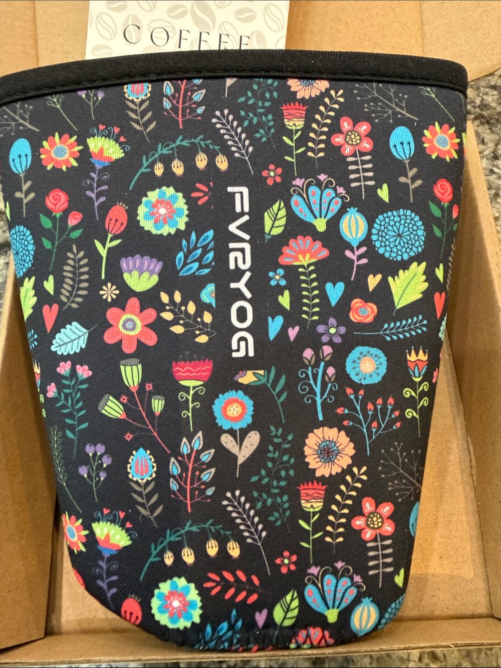 Black Floral Neoprene Coffee Sleeve. Washable & Reusable. Keeps drink cold/hot.